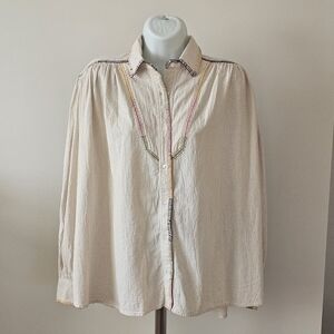 V De Vinster Embroidered Cream Button-Up Shirt Size Small Like New